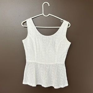 White, sleeveless, lace top, eyelet, zip-up back, imaginary voyage, medium